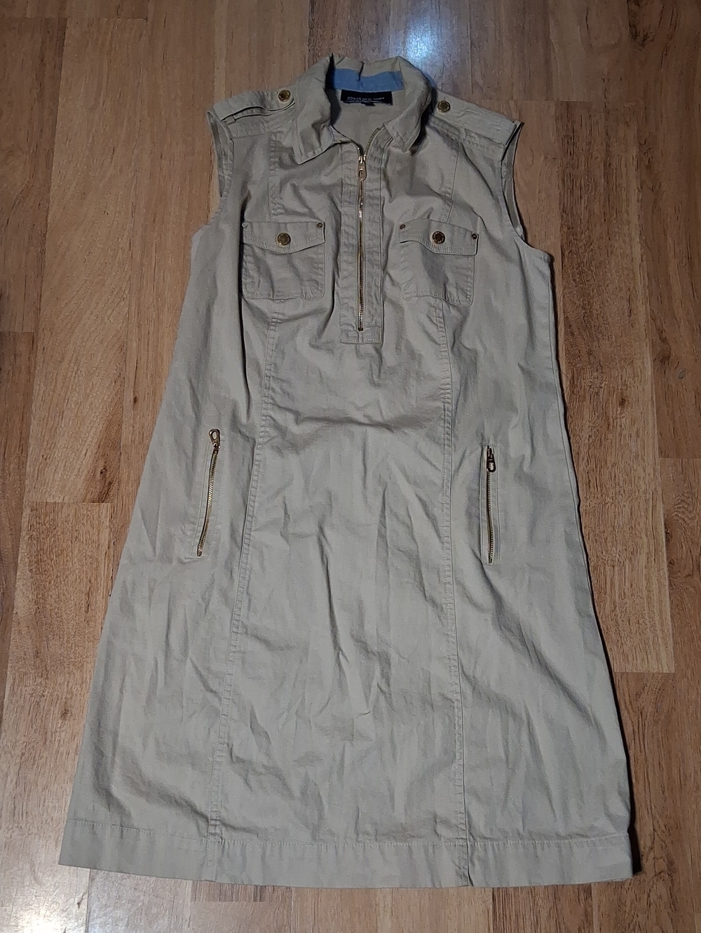 Jones New York Sleeveless Tan Utility Midi Dress with Gold Buttons